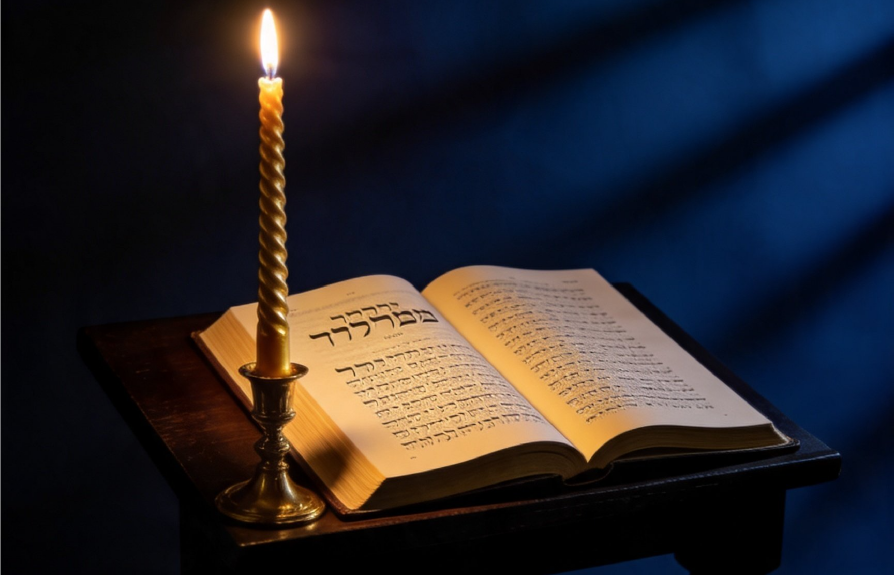 Torah abierta con vela encendida. Estudio de la Toráh. Escuela de kabalah lej lejá